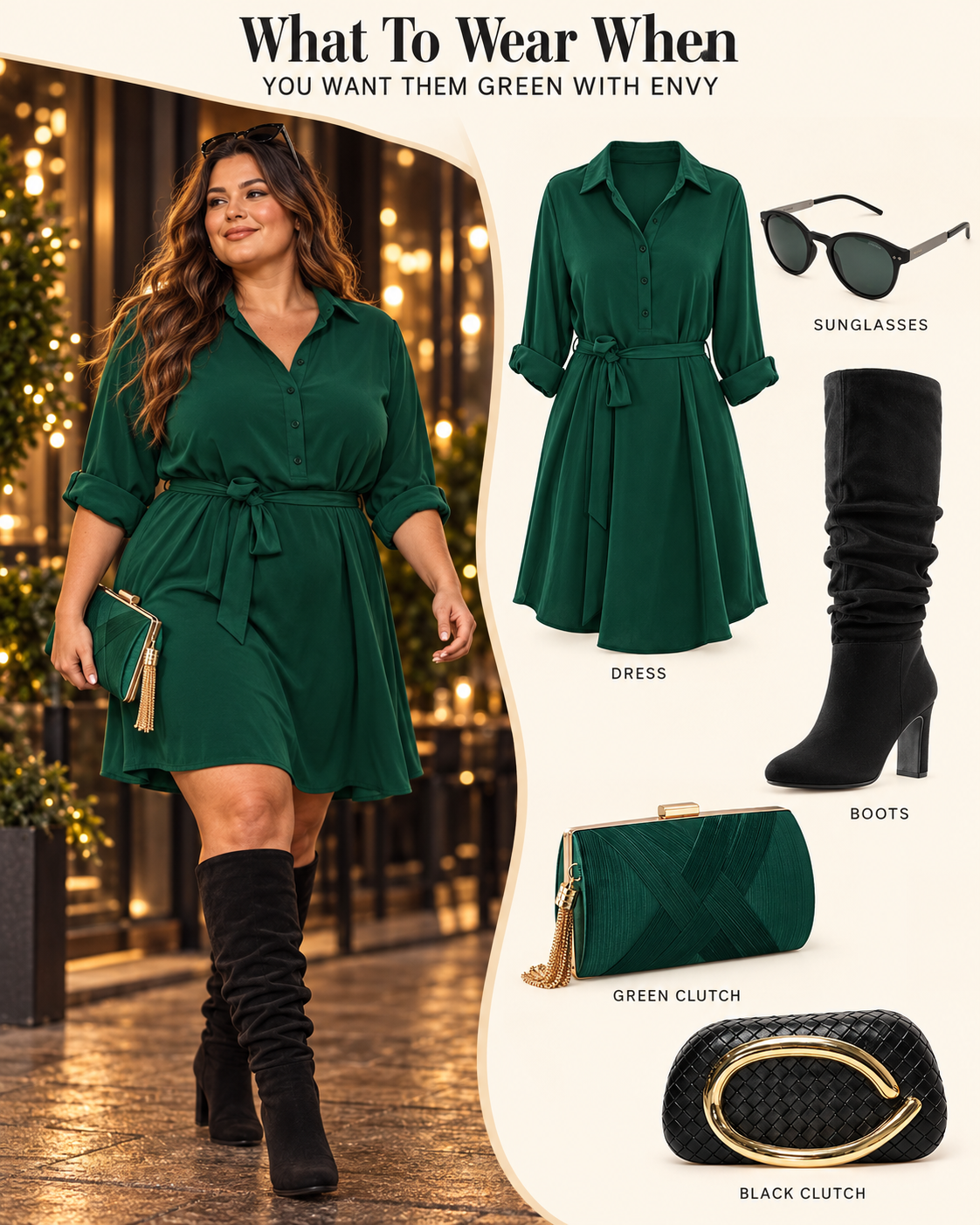 Plus size evening outfit board with a forest green shirt dress, black knee high boots, sunglasses and green and black clutch options.