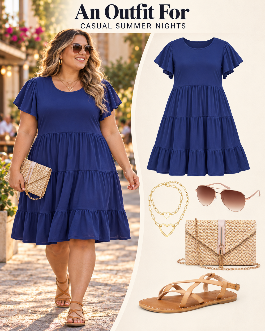 Plus size summer evening outfit board with a royal blue tiered dress, tan sandals and clutch, gold jewellery and sunglasses.