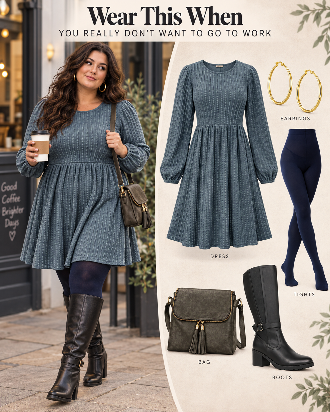 Plus size autumn office outfit board with a blue grey textured dress, navy tights, black knee high boots, hoop earrings and tassel bag.